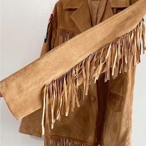 Genuine Vintage Leather Suede Fringe Jacket Camel Brown Medium Women's
